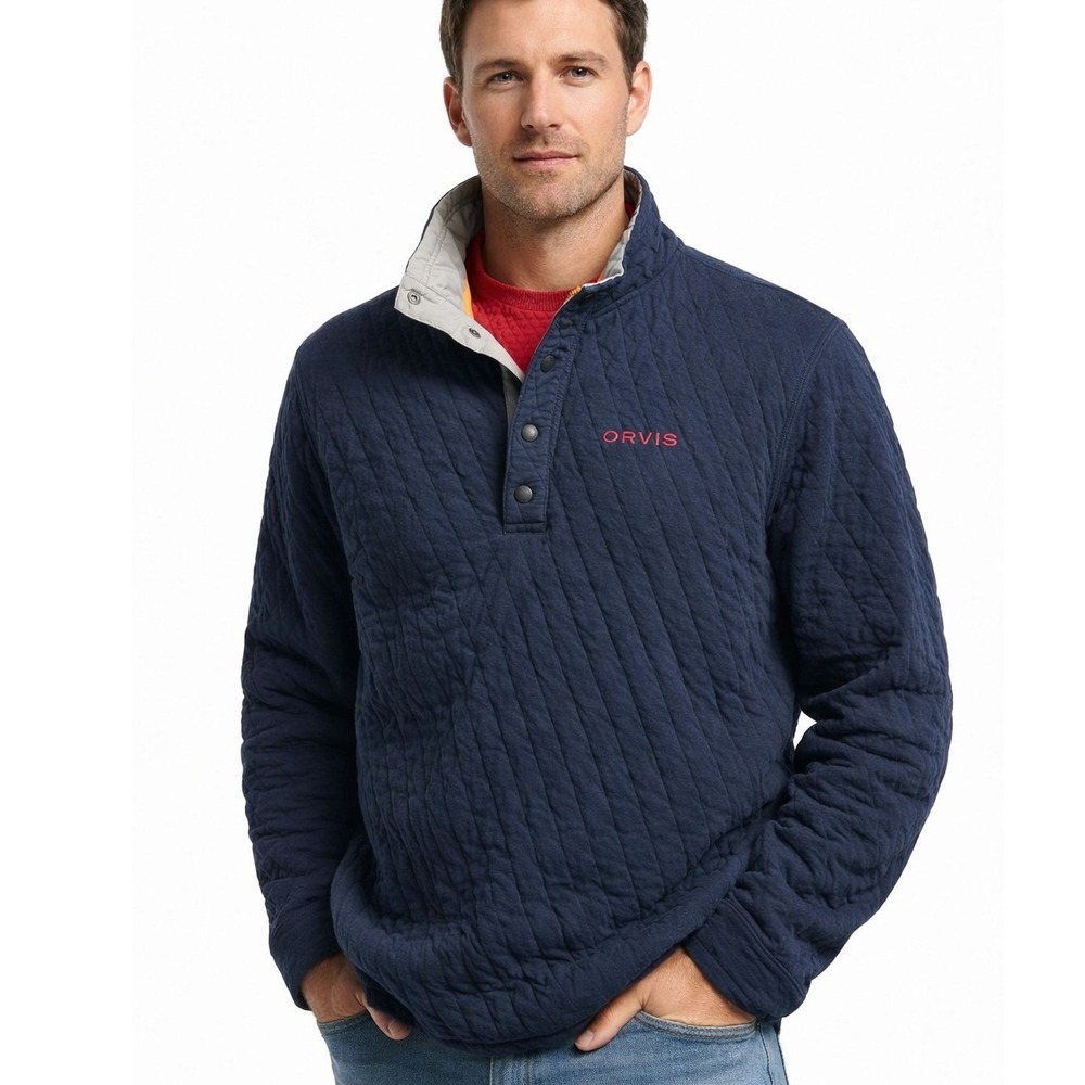Orvis Quilted Pullover Jacket Men's Medium Blue Snap Neck Outdoor Hunting Layer